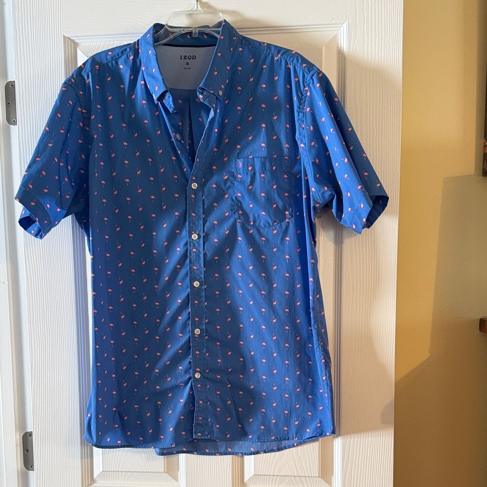 Izod Casual Blue Button-Down Shirt with Red Pattern